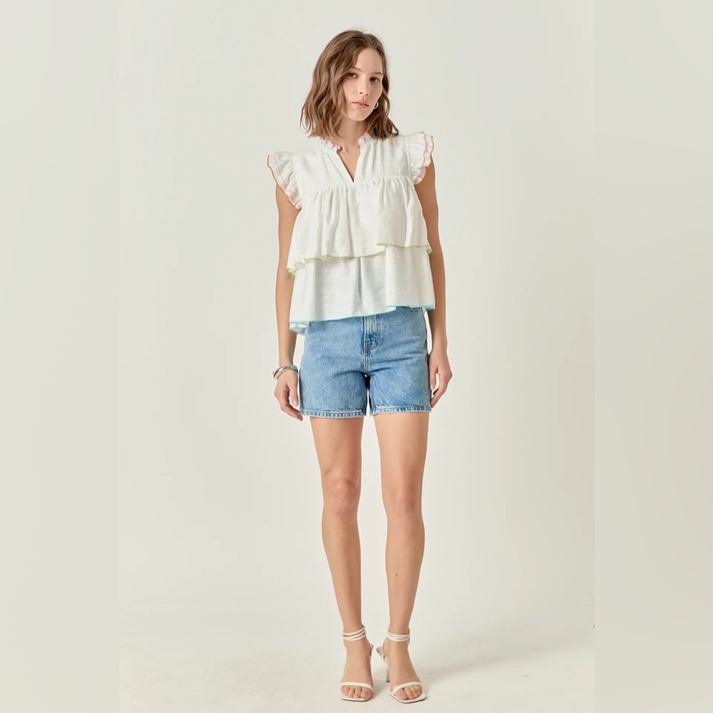English Factory Colorblock Edge Tiered Top White Flutter Sleeve Blouse Women’s S